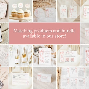 May include: A collection of wedding stationery items in a soft pink color scheme. The image includes invitations, menus, cupcake toppers, and thank you cards. The text "Matching products and bundle available in our store!" is displayed.