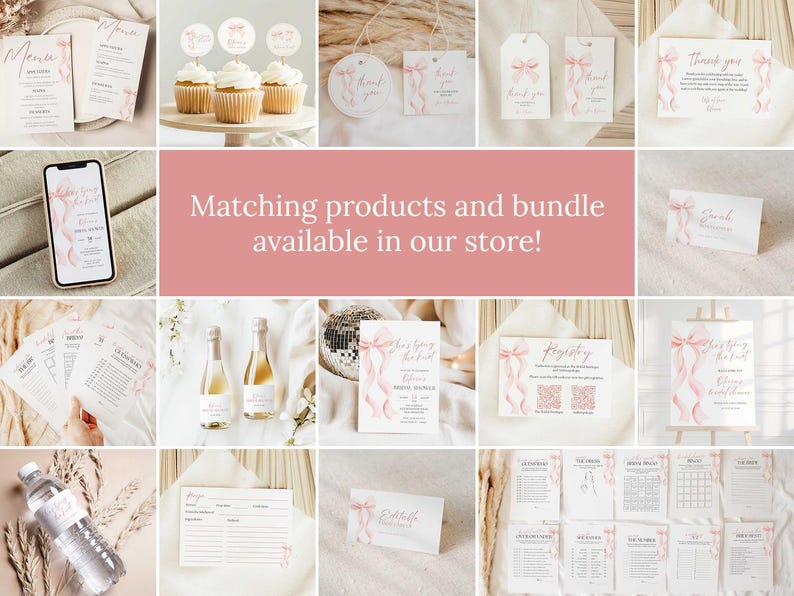 May include: A collection of wedding stationery items in a soft pink color scheme. The image includes invitations, menus, cupcake toppers, and thank you cards. The text "Matching products and bundle available in our store!" is displayed.