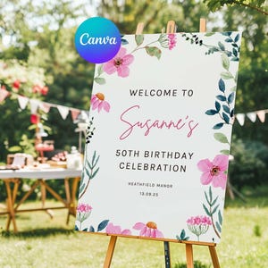 Floral Birthday Welcome Sign Template: Editable Canva Party Decor (Digital Download)