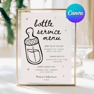 May include: A framed baby shower menu with a gold border. The menu features a black and white illustration of a baby bottle and drink recipes like Baby Blue Cooler and Mama Mojito. The text reads "Bottle Service Menu" and "Madison's baby shower".