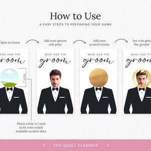 Puede incluir: Una gu&iacute;a de juego de bodas con el texto "C&oacute;mo usar" y "&iquest;Qui&eacute;n tiene al novio?". Los pasos incluyen agregar una foto, c&iacute;rculos para rascar y revelar al novio. El c&iacute;rculo de la foto tiene 2,54 cm de di&aacute;metro.