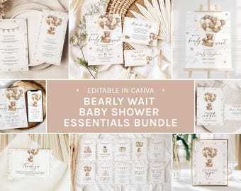 Gender Neutral We Can Bearly Wait Essential Baby Shower Bundle, Boho Teddy Bear Templates, Bearly Wait Shower Signs