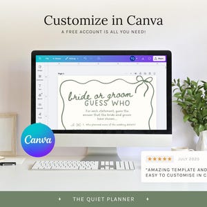 Op de afbeelding: Een computermonitor toont een sjabloon voor een huwelijksspel met de titel "Bride or Groom Guess Who", ontworpen in Canva. Het scherm toont een lichtgroen ontwerp met tekst. Het Canva-logo is zichtbaar. De tekst "Customize in Canva" staat bovenaan.