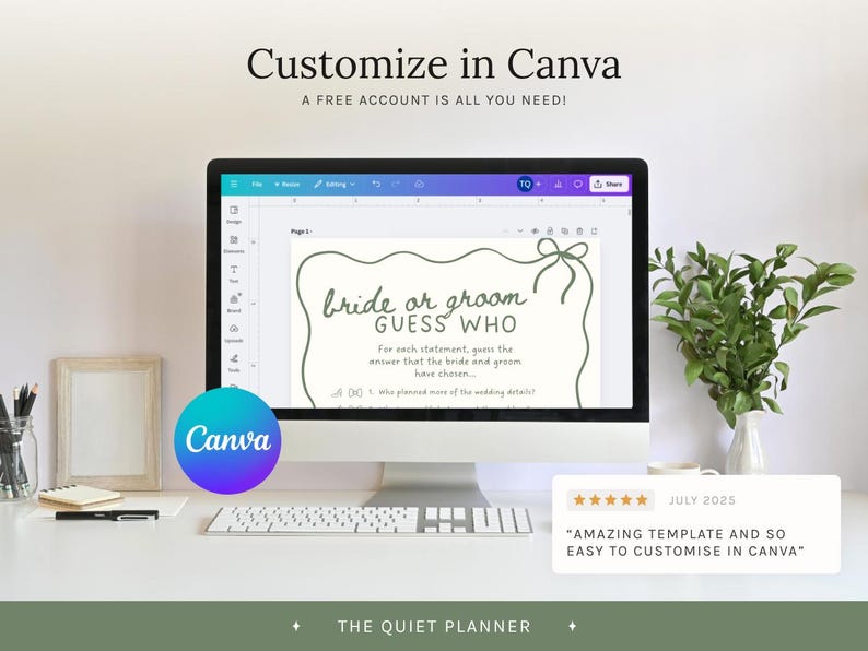 Op de afbeelding: Een computermonitor toont een sjabloon voor een huwelijksspel met de titel "Bride or Groom Guess Who", ontworpen in Canva. Het scherm toont een lichtgroen ontwerp met tekst. Het Canva-logo is zichtbaar. De tekst "Customize in Canva" staat bovenaan.