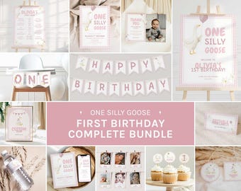 One Silly Goose 1st Birthday Bundle, Pink Silly Goose 1st Birthday Girl, Party Decoration Bundle, Editable in Canva