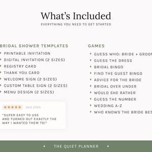 May include: A white graphic with the text "What's Included" and a list of bridal shower templates and games. The list includes printable invitations, registry cards, and various games. A customer review is also included.