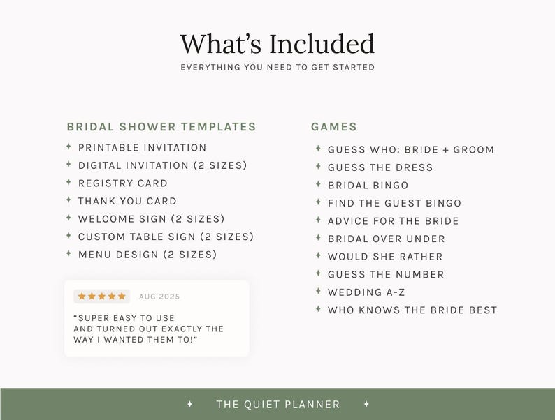 May include: A white graphic with the text "What's Included" and a list of bridal shower templates and games. The list includes printable invitations, registry cards, and various games. A customer review is also included.