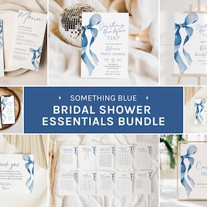 Puede incluir: Un conjunto de elementos esenciales para la despedida de soltera con un diseño de cinta azul acuarela. Incluye menús, invitaciones, un letrero de bienvenida, tarjetas de agradecimiento y un letrero personalizado. También se ve el texto "Something Blue" y "Bridal Shower Essentials Bundle".