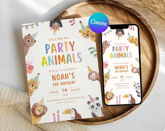 Party Animals Birthday Invitation Printable, Calling All Party Animals Invite, Editable Canva Template