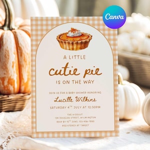 Gingham Cutie Pie Baby Shower Invitation, Fall Autumn Theme, Canva Template (Digital Download)
