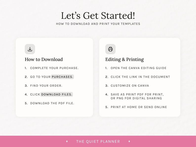 May include: A digital guide titled "Let's Get Started!" with instructions on downloading and printing templates. The guide is divided into two sections: "How to Download" and "Editing & Printing", with numbered steps. The bottom features the text "THE QUIET PLANNER".