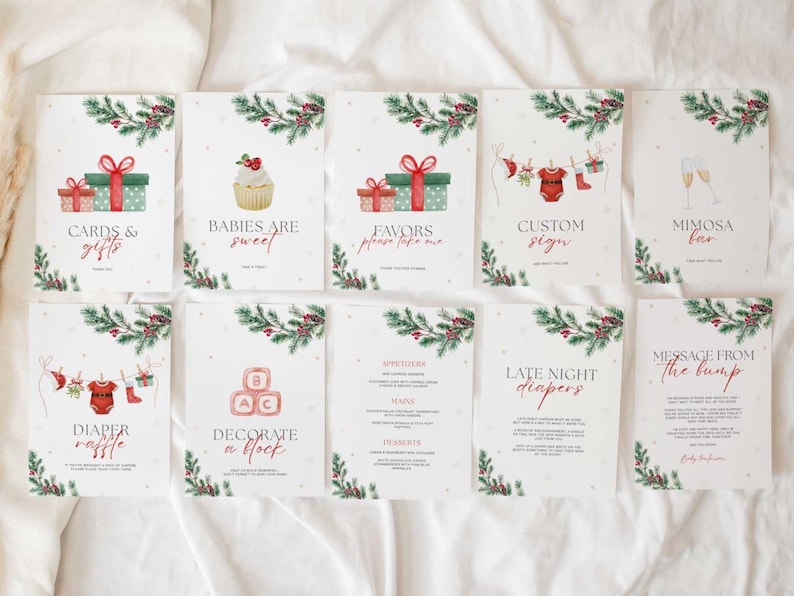 Pode incluir: Um conjunto de placas para ch&aacute; de beb&eacute; com designs festivos. Cada placa apresenta textos como "Cart&otilde;es e Presentes", "Beb&ecirc;s s&atilde;o doces" e "Bar de Mimosa", juntamente com ilustra&ccedil;&otilde;es de presentes, cupcakes e roupas de beb&eacute;. As placas s&atilde;o decoradas com ramos de folhas perenes e bagas vermelhas.
