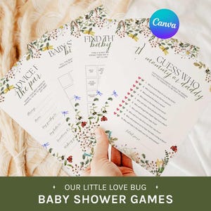 May include: A collection of baby shower games with floral and dragonfly accents. The games include "Advice for the Parents," "Find the Baby," and "Guess Who Mommy or Daddy." The text "Our Little Love Bug" and "Baby Shower Games" are also visible.