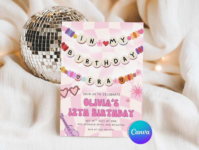 May include: A pink and white checkered birthday invitation with the text "IN MY BIRTHDAY ERA" in a playful font. The invitation includes the text "OLIVIA'S 12TH BIRTHDAY" and event details. A disco ball is in the background.