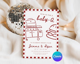 Baby-Q babyshowerinbjudan, mall för babyshowerinbjudan med BBQ-tema, nyckfull handritad babyshowerinbjudan till bakgårdens BBQ, redigera i Canva