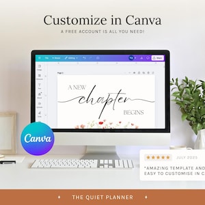 May include: A desktop computer displays a Canva template with the text "A New Chapter Begins." The screen is surrounded by a white desk, keyboard, and accessories. The Canva logo is visible, along with the text "Customize in Canva."