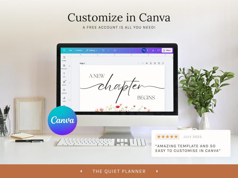 May include: A desktop computer displays a Canva template with the text "A New Chapter Begins." The screen is surrounded by a white desk, keyboard, and accessories. The Canva logo is visible, along with the text "Customize in Canva."