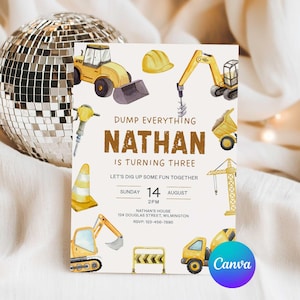 Construction Kids Birthday Invitation: Dump Truck Party, Editable Canva Template (Digital Download)