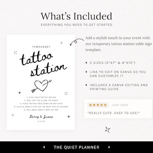 May include: A black and white temporary tattoo station sign with the text "tattoo station" and a heart with an arrow. Includes instructions, size details (5"x7" & 8"x10"), and a Canva editing guide. The sign is designed by Darcy & James.