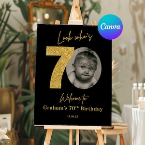 Letrero de bienvenida para 70 cumpleaños, Letrero brillante para fiesta de 70 cumpleaños, Letrero dorado para 70 cumpleaños, Plantilla de letrero de bienvenida para 70 cumpleaños, Editable