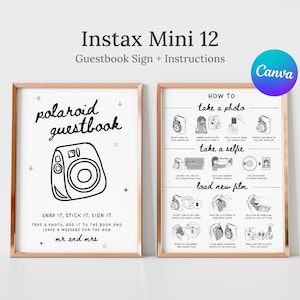 Puede incluir: Dos letreros enmarcados con bordes de oro rosa. El letrero de la izquierda dice "polaroid guestbook" con una ilustración de cámara e instrucciones. El letrero de la derecha tiene instrucciones fotográficas. El texto "Instax Mini 12 Guestbook Sign + Instructions" está en la parte superior.