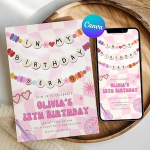 May include: Pink birthday invitation with the text "IN MY BIRTHDAY VERA" and "OLIVIA'S 12TH BIRTHDAY". The invitation is on a wooden tray with a smartphone displaying the same design. The design includes hearts, flowers, and a guitar.
