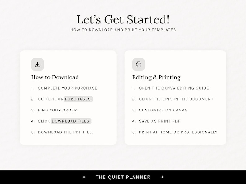 May include: A digital guide titled "Let's Get Started!" with instructions on downloading and printing templates. The guide is divided into two sections: "How to Download" and "Editing & Printing", with numbered steps for each process. The Quiet Planner logo is at the bottom.