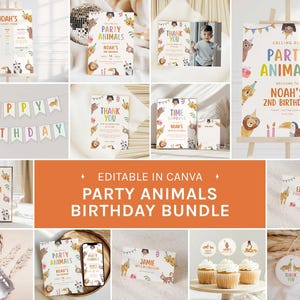 Peut inclure: Ensemble de fournitures de fête sur le thème des "Animaux de la fête", comprenant des invitations, des panneaux, des décorations de cupcakes et des bannières. Les motifs présentent des illustrations colorées d'animaux et le texte "Editable in Canva".