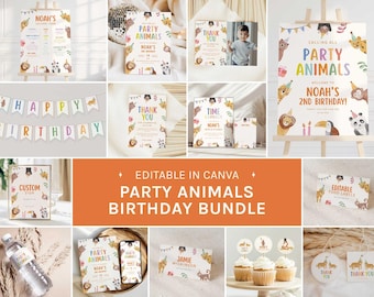 Party Animals Birthday Template Bundle, Calling All Party Animals Kids Party Decoration Bundle, Editable in Canva