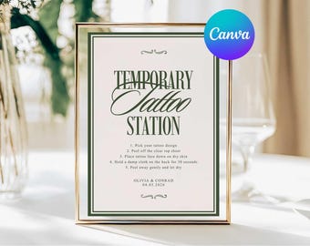 Old Money Tattoo Station Wedding Sign, Temporary Tattoo Station Favour Sign, Retro Wedding Tattoo Bar Sign, Editable in Canva