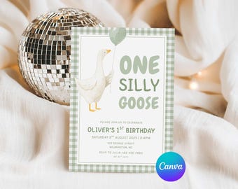 Sage One Silly Goose Birthday Invitation Template, Printable 1st Birthday Printable Invite, Silly Goose First Birthday Invite, Edit Canva