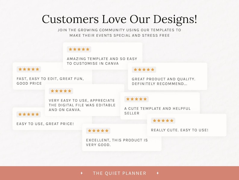 May include: A graphic featuring customer reviews with five-star ratings. Text includes "Customers Love Our Designs!" and phrases like "Amazing template," "Easy to edit," and "Great product." The bottom of the image displays "THE QUIET PLANNER."