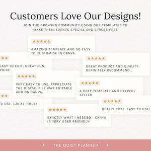 May include: A graphic featuring customer reviews with star ratings. Text includes phrases like "Amazing template," "Easy to edit," and "Great product." The design is in neutral tones with a pink border and the text "Customers Love Our Designs!"
