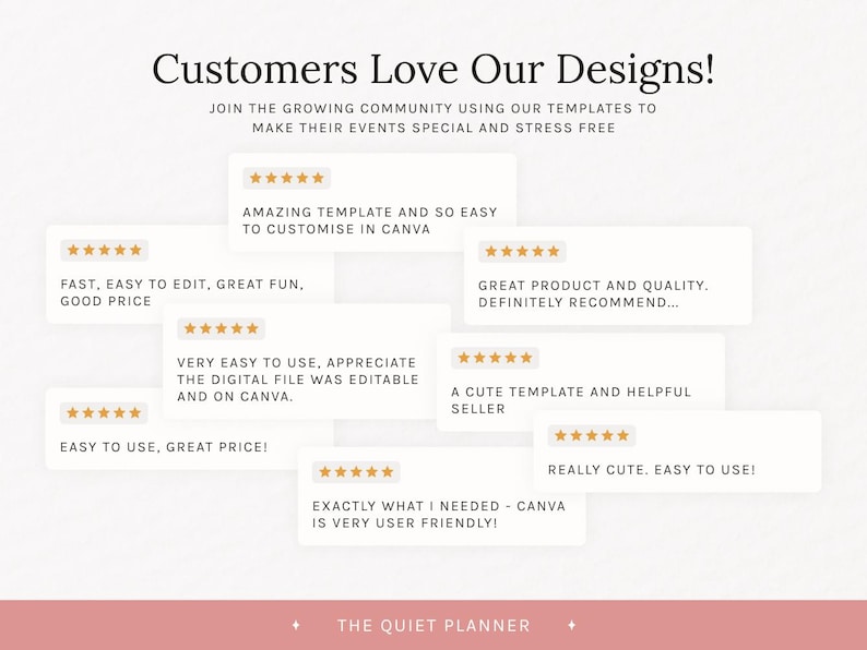 May include: A graphic featuring customer reviews with star ratings. Text includes phrases like "Amazing template," "Easy to edit," and "Great product." The design is in neutral tones with a pink border and the text "Customers Love Our Designs!"