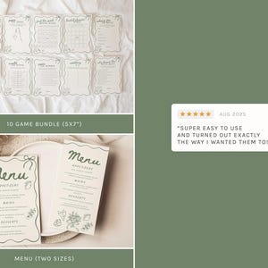 May include: A collection of printable wedding and bridal shower games and menus. The games are 5x7 inches and the menus come in two sizes. The games include prompts like "Bridal Bingo" and "Who Knows the Bride Best?"