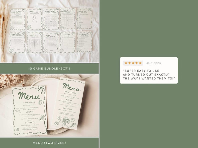 May include: A collection of printable wedding and bridal shower games and menus. The games are 5x7 inches and the menus come in two sizes. The games include prompts like "Bridal Bingo" and "Who Knows the Bride Best?"