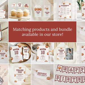 May include: A collection of basketball-themed party supplies, including invitations, cupcake toppers, thank you cards, and a banner. The designs feature basketball graphics and text such as "Happy Birthday" and names like "Mason" and "Gabriel".