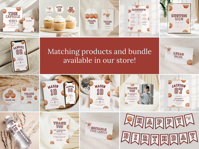 May include: A collection of basketball-themed party supplies, including invitations, cupcake toppers, thank you cards, and a banner. The designs feature basketball graphics and text such as "Happy Birthday" and names like "Mason" and "Gabriel".