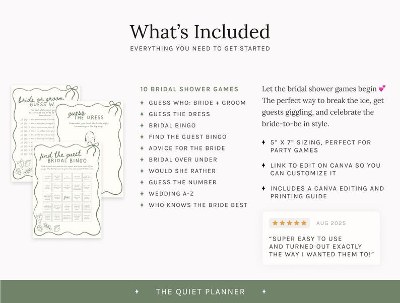 Op de afbeelding: Digitale print met spellen voor een bruidsfeest. De afbeelding toont drie spelkaarten, waaronder "Raad de jurk" en "Bruidsbingo", plus een lijst met spellen en instructies. De tekst luidt "Wat is inbegrepen" en "Alles wat je nodig hebt om te beginnen".