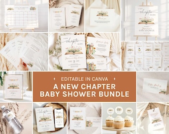 A New Chapter Storybook Baby Shower Bundle, Book Themed Shower, Games and Signs Templates, Editable in Canva