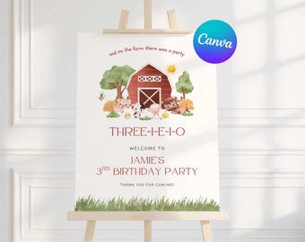 Letrero de bienvenida para tercer cumpleaños de IEIO, letrero de entrada para fiesta de animales de granja editable en Canva.