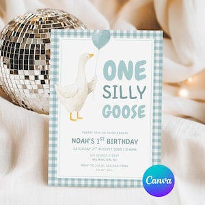 Op de afbeelding: Een lichtblauwe en witte geruite uitnodiging met de tekst "ONE SILLY GOOSE" en een aquarel illustratie van een gans die een ballon vasthoudt. De uitnodiging is voor Noah's 1e verjaardag.