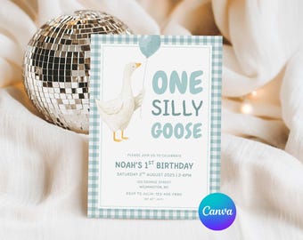 Puede incluir: Una invitación a cuadros azul claro y blanco con el texto "ONE SILLY GOOSE" y una ilustración de acuarela de un ganso sosteniendo un globo. La invitación es para el primer cumpleaños de Noah.