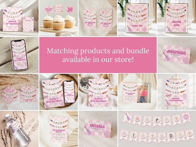 May include: A collection of pink and white party supplies with a guitar theme. Items include invitations, cupcake toppers, gift tags, and banners. The text "Olina's 12th Birthday" and "Cards & Gifts" are visible. The phrase "Matching products and bundle available in our store!" is also present.