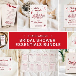 Peut inclure: Ensemble d'articles essentiels pour une fête prénuptiale, avec un thème rouge et blanc. L'ensemble comprend des invitations, des menus, des cartes de remerciement et une enseigne personnalisée. La phrase "That's Amore" est présente, avec des illustrations de nourriture et de boissons.