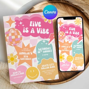 May include: A retro-style birthday invitation and a smartphone display, both featuring the text "FIVE IS A VIBE." The design includes a disco ball, stars, flowers, and the details for Amelia's 5th birthday party.
