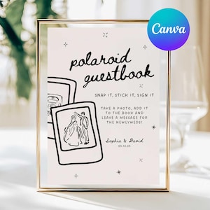 以下が含まれることがあります： 手書き風の「polaroid guestbook」という言葉が入った額入りのサイン。写真の撮り方、本への追加、メッセージの残し方などの説明があります。結婚式用です。