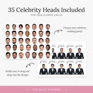 Puede incluir: Un dise&ntilde;o digital con 35 retratos de celebridades, con el texto "35 Celebrity Heads Included" y "Pick Your Ultimate Line Up." Tambi&eacute;n incluye "Choose your celebrity wedding party!" y "Really easy to drag and drop into the design."