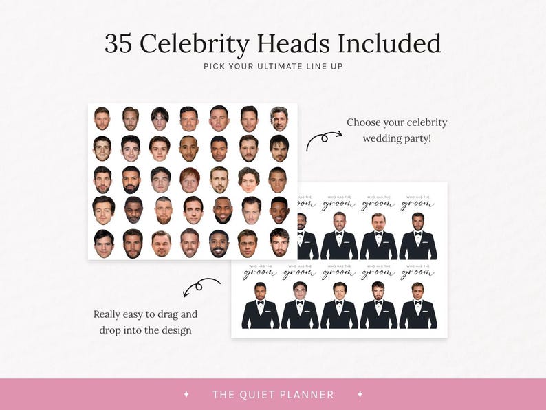 Puede incluir: Un dise&ntilde;o digital con 35 retratos de celebridades, con el texto "35 Celebrity Heads Included" y "Pick Your Ultimate Line Up." Tambi&eacute;n incluye "Choose your celebrity wedding party!" y "Really easy to drag and drop into the design."