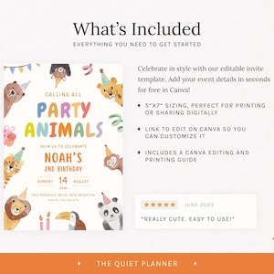 Puede incluir: Plantilla de invitaci&oacute;n colorida para una fiesta de cumplea&ntilde;os infantil. El dise&ntilde;o presenta el texto "Party Animals" con ilustraciones de animales. La invitaci&oacute;n incluye los detalles del evento y mide 12,7 cm x 17,8 cm.